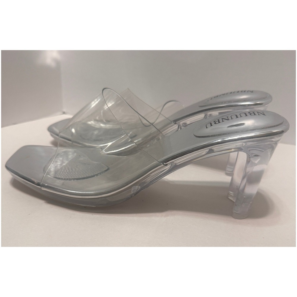 NBUUNBU Clear Lucite Heels Silver Square Toe Slide Sandals Y2K Cyber Size 39